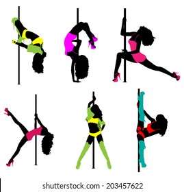 Women pole dance silhouettes in clothing. EPS 10 format.