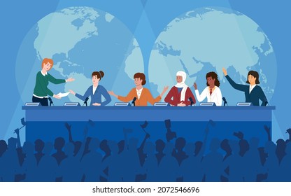 Women politicians from different countries answering questions at press conference in front of audience flat vector illustration