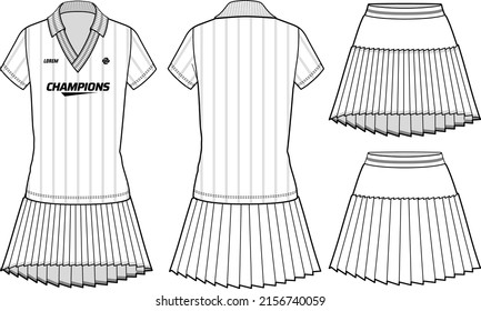 Ropa de tenis de color polo para mujeres con falda pleto asimétrica deportes top jersey diseño sketch plano de moda Ilustración adecuada para niñas y Damas, vestido para tenis, netball, kit deportivo de bádminton