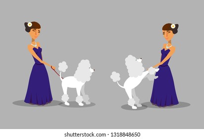 Women with Poodles Cartoon Illustrations Pack. Dogs on Leash Vector Drawing. Animal Tamer, Trainer Isolated Character. Girl Playing with Pedigree Pet. Friendship, Animal Care. Flat Cliparts Set