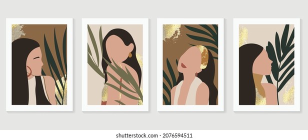 Women Portrait abstract art background vector. Surreal faces stylish girls in trendy clothes with tropical leaves background. Fashion wall art design collection. vector illustration.