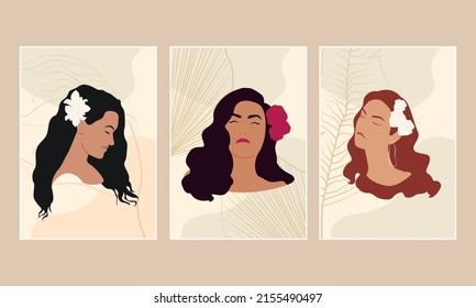 Women Portrait abstract art background vector. Surreal faces stylish girls in trendy clothes with tropical leaves background. Fashion wall art design collection. vector illustration.