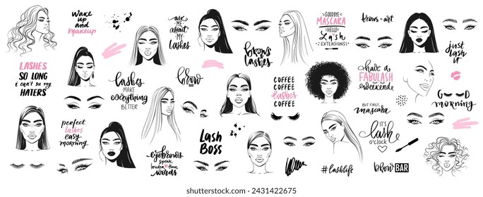 Women Portrait Beautiful Girls Vector Illustration. Lashes, mascara, Makeup Set with Eyes, Beauty Quotes Fashion Phrases.