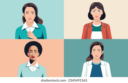 Women portrait collection - Set of vector illustrations of diverse female characters face and upper body looking directly in camera. Flat design and front view