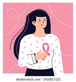 Women portrait with pink ribbon. Breast cancer sign. Vector illustration. Breast cancer awareness concept