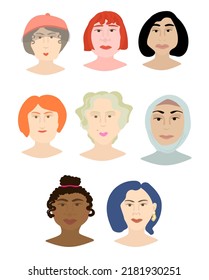 Women portrait set vector illustration, different woman faces design. Portraits of young stylish women or girls with different hairstyles, skincolor and accessories isolated on white background.