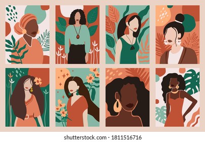 Women portraits. Female abstract hand drawn contemporary portrait, fashion girls silhouettes, modern female face posters vector illustration set. Characters with different hairstyle, big earrings