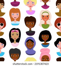 Women portraits. Seamless background for fabrics, textiles, packaging and wallpaper. People of different cultures and peoples. Vector illustration. 