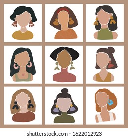 Women portraits set. Abstract girl characters. Modern faces with earrings. Feminist illustrations. Famale character hand drawn art. Digital graphics