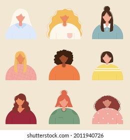 Women portraits set. Multi-ethnic girls avatars. Female vector illustration.