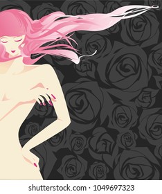 women pose on roses pattern vector sexy  beauty girl character illustration design on flowers background