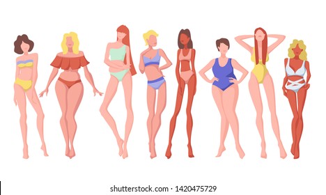 Women posing. Multiracial women of different height, figure type and size dressed in swimsuits standing in row. Body positive illustration of diffrent body types.