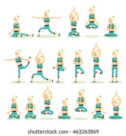 Women posing pose yoga. Set characters girls exercises yoga, isolated on white background. People banner healthy lifestyle vector illustration