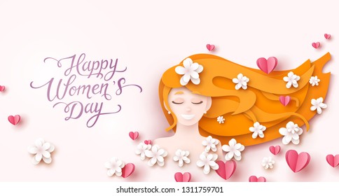 Women postcard with paper flying flowers, hearts and happy girl on pink background. Vector spring banner for  International Women's Day greeting card design.