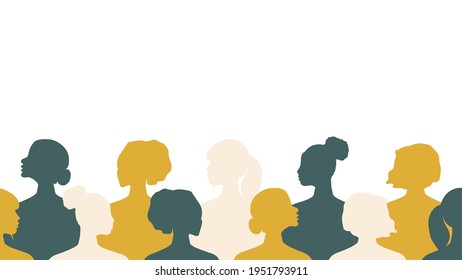 Women. Postcard template in trendy colors with girls of different nationalities and religions. Silhouettes of womens on a white background. Vector graphics.