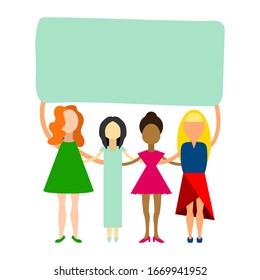 Women with poster concept. Girls with different clothes, hair, skin, nationalities support each other. People with banner isolated on white background. Feminist Protest Vector Illustration. Copy space