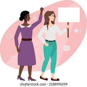 Women with a poster in hand. Women protest for their rights and feminism. Vector illustration in flat cartoon style.