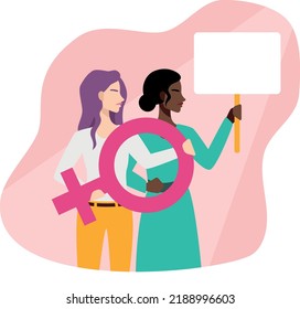 Women with a poster in their hand. Women protest for their rights and feminism. Vector illustration in flat cartoon style isolated background.