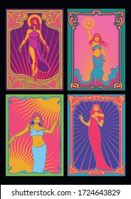 Women Posters, Beauty Goddess, Hippie Girl, Dancing Woman, Flying Lady Psychedelic Art Style, Art Nouveau Frame