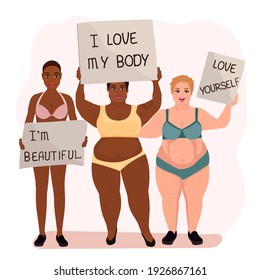 Women with posters. Concept about body positivity. Vector illustration.