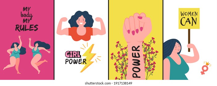 Women posters. Strong woman, girl power covers or cards. Female characters with positive slogan vector flyers set