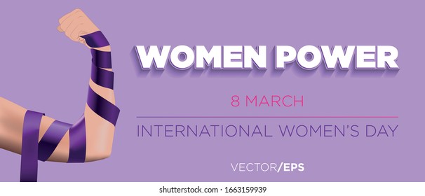 Women power. 8 march, international women's Day. Purple ribbon.