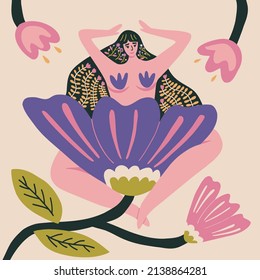 Women power and body positivity concept. Beautiful woman hugging a spring flower. Background for International Women s Day. Hand drawn vector illustration.