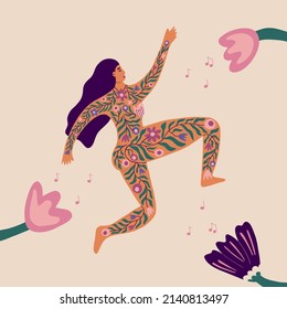 Women Power And Body Positivity Concept. Poster With Cute Woman Dancing Surrounded By Spring Flowers. Background For International Women's Day. Hand Drawn Vector Illustration.