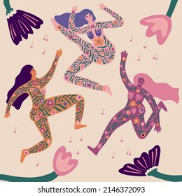 Women Power And Body Positivity Concept. Beautiful Different Nationalities Women Dancing Surrounded By Spring Flowers. Background For International Women's Day. Hand Drawn Vector Illustration.