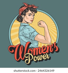 Poster vintage colorido de la energía de las mujeres con la muchacha valiente que muestra bíceps y listo para luchar contra la discriminación de género Ilustración vectorial