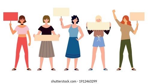 women power feminism gestures and activists for rights with placards vector illustration