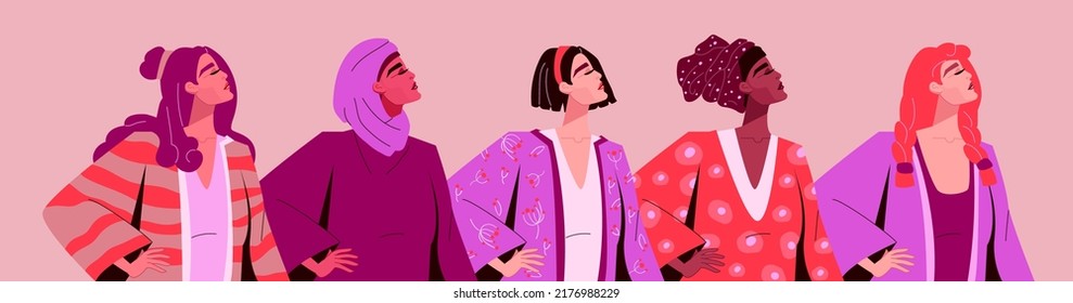 Women power International Day. Strong girl holiday. Lady with hair and national clothes. Equal rights protest. Support community. Female poses. Sisterhood and feminism. Vector illustration