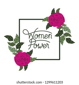 women power label with roses frame icons