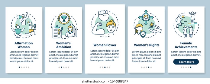 Women power onboarding mobile app page screen with concepts. Female rights and achievements walkthrough 5 steps graphic instructions. UI vector template with RGB color illustrations