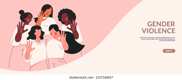 Las mujeres tienen poder para protestar contra la violencia de género y el acoso. Un equipo diverso de chicas muestra el gesto de parar. Comunidad femenina, hermandad, gente activista juntos. Ilustración vectorial plana de la cooperación de la mujer