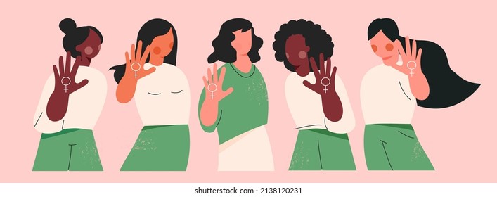 Women power or protest against gender violence and harassment. Feminism concept. Girls diverse team show stop gesture. Female community, sisterhood, unity and equality. Cartoon vector illustration