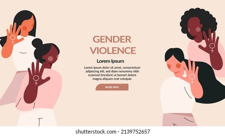 Women power protest against gender violence and harassment. Girls diverse team show stop gesture. Female community, sisterhood. Cartoon flat vector illustration, web banner template, landing page