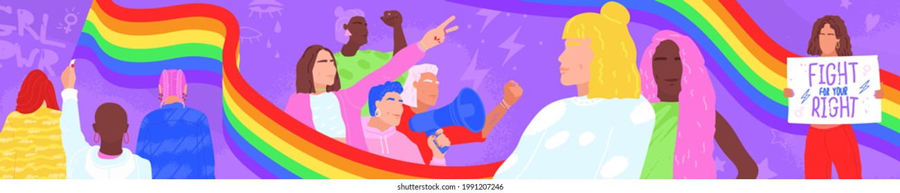 Women Power Together Solidarity Movement. Portraits Of Feminine Pride. Gender Equality And Inclusion With Lgbt Person. Strong Female Executive Silhouette Vector. Flying Rainbow Flag 