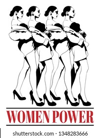 Women power. Vector hand drawn illustration of pretty ladies isolated. Creative tattoo artwork. Template for card, poster. banner, print for t-shirt, pin, badge, patch.