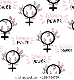 Women power vector seamless pattern on white background . Concept for print, textile, cards, wallpapers 