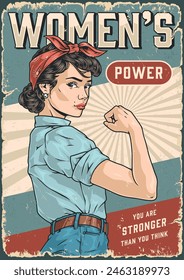 Women power vintage poster colorful with strong girl from feminist club dressed in 20th century style with headband vector illustration