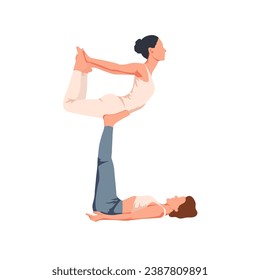 Women practice acro yoga together. Girl balancing in the air supported by legs. Vector illustration isolated on the white background