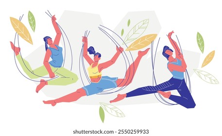 Women practice of acrobatic aerial, antigravity  or  fly yoga, flat vector illustration isolated on white. Banner for aerial or canvas yoga fitness activity.