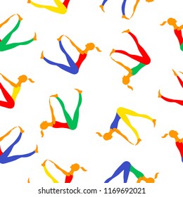 Women practice gymnastics in sit poses. Vector seamless pattern images.