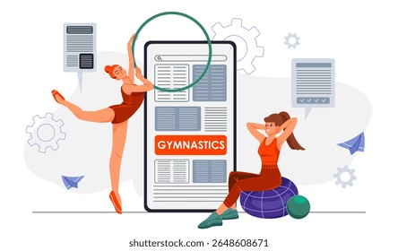 As mulheres praticam ginástica. Meninas com hula hoop e fitball. Estilo de vida ativo e esportes. Exercícios saudáveis. Fitness e treinamento. Ilustração de vetor plano