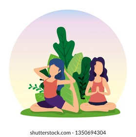 women practice yoga with plants leaves