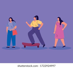 women practicing activities avatar characters vector illustration design