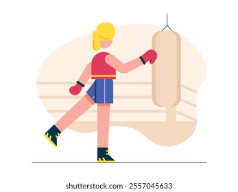 Women practicing boxing in the fighting ring, extreme sports. Character design. Vector flat illustration