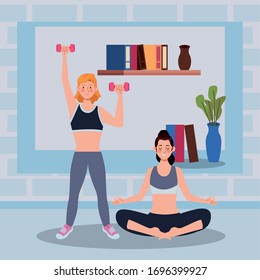 women practicing exercise in the house vector illustration design