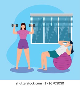 women practicing exercise and pilates with ball plastic vector illustration design